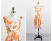 1960s dress / pink floral dress / Orange and Pink Roses Silk Watercolor Floral Dress with Bows