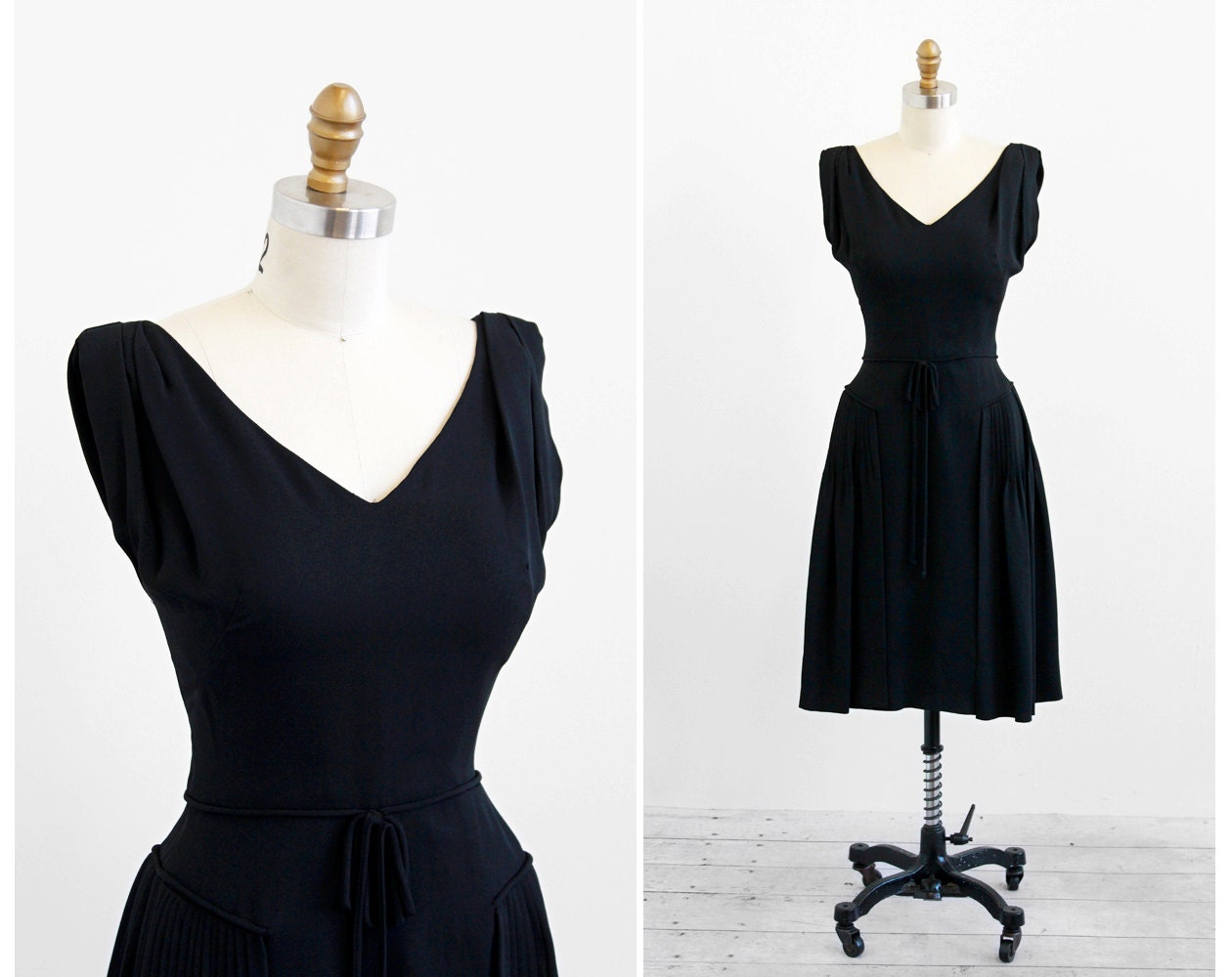 vintage 1950s dress / 1960s dress / Black Wiggle Cocktail Dress with Pleated Overskirt