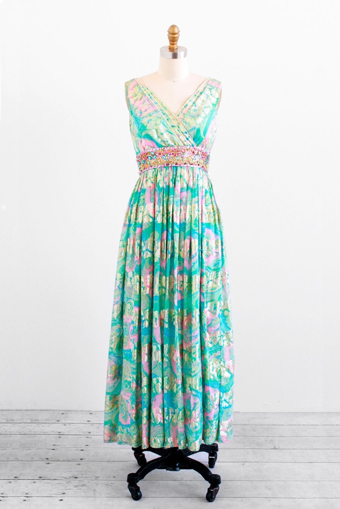 vintage 1960s dress / 70s maxi dress / Pink and Green Silk Chiffon Malcolm Starr Jeweled Grecian Gown