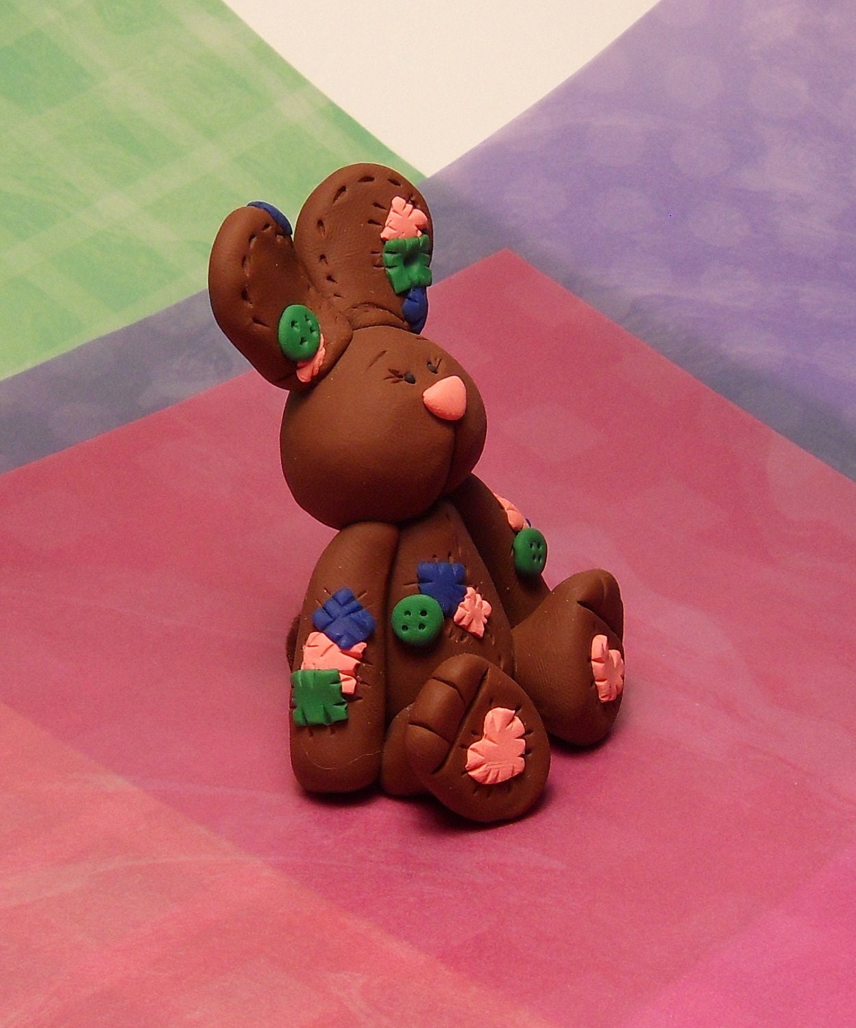 Handmade Polymer Clay Dark Brown with Patches Bunny Figure