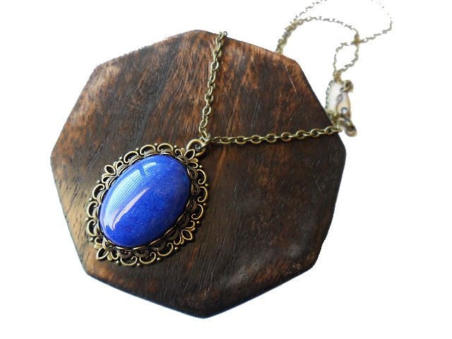 Lapis Blue Marble Stone Pendant Necklace, Art Nouveau, Boho