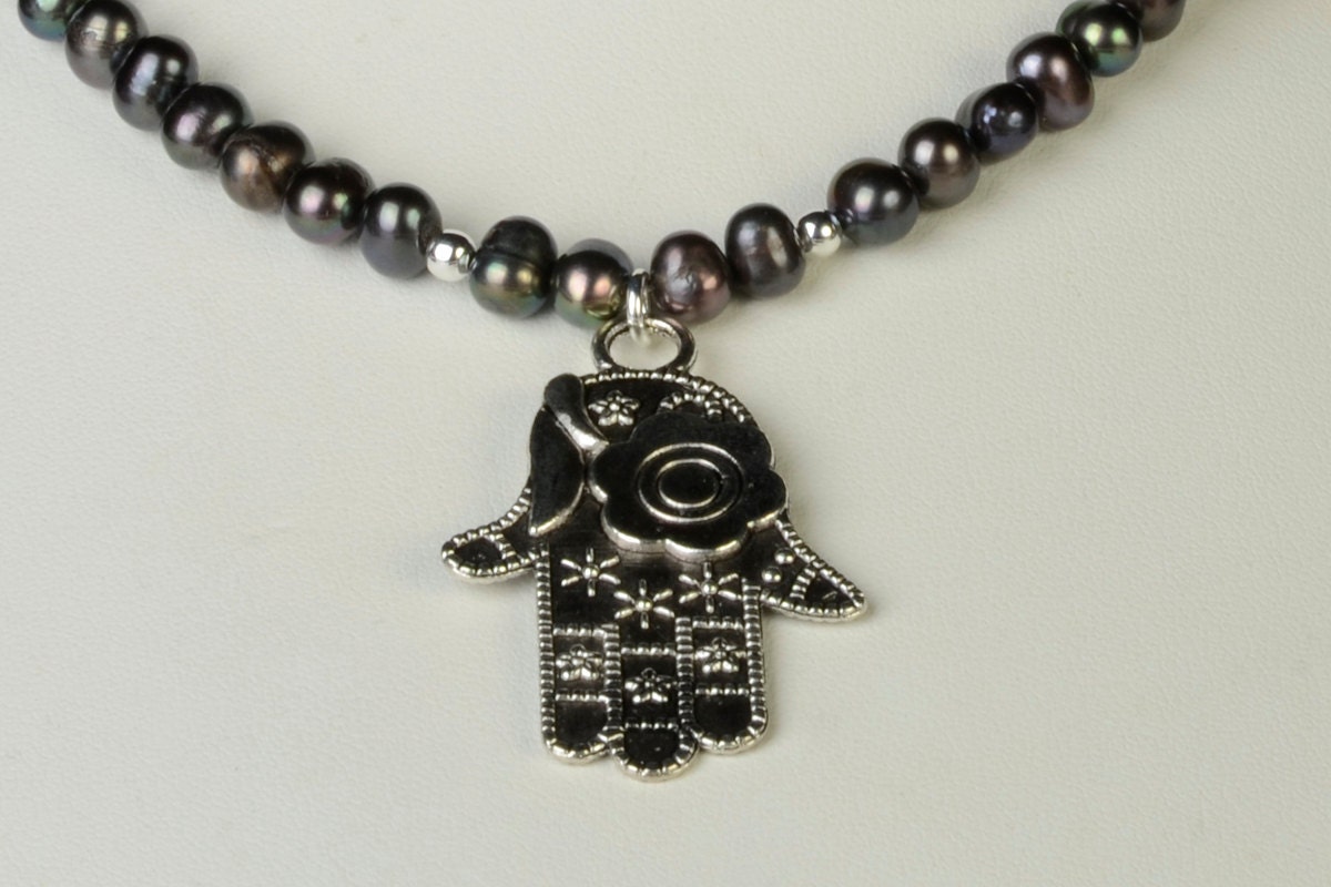 Hamsa Necklace Fresh Water Pearl Necklace Evil Eye Necklace