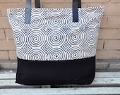 Tote Bag with leather straps in Navy geometric print & black bottom - Leather, Beach Bag, Shoulder Bag, Large Tote, Diaper Bag