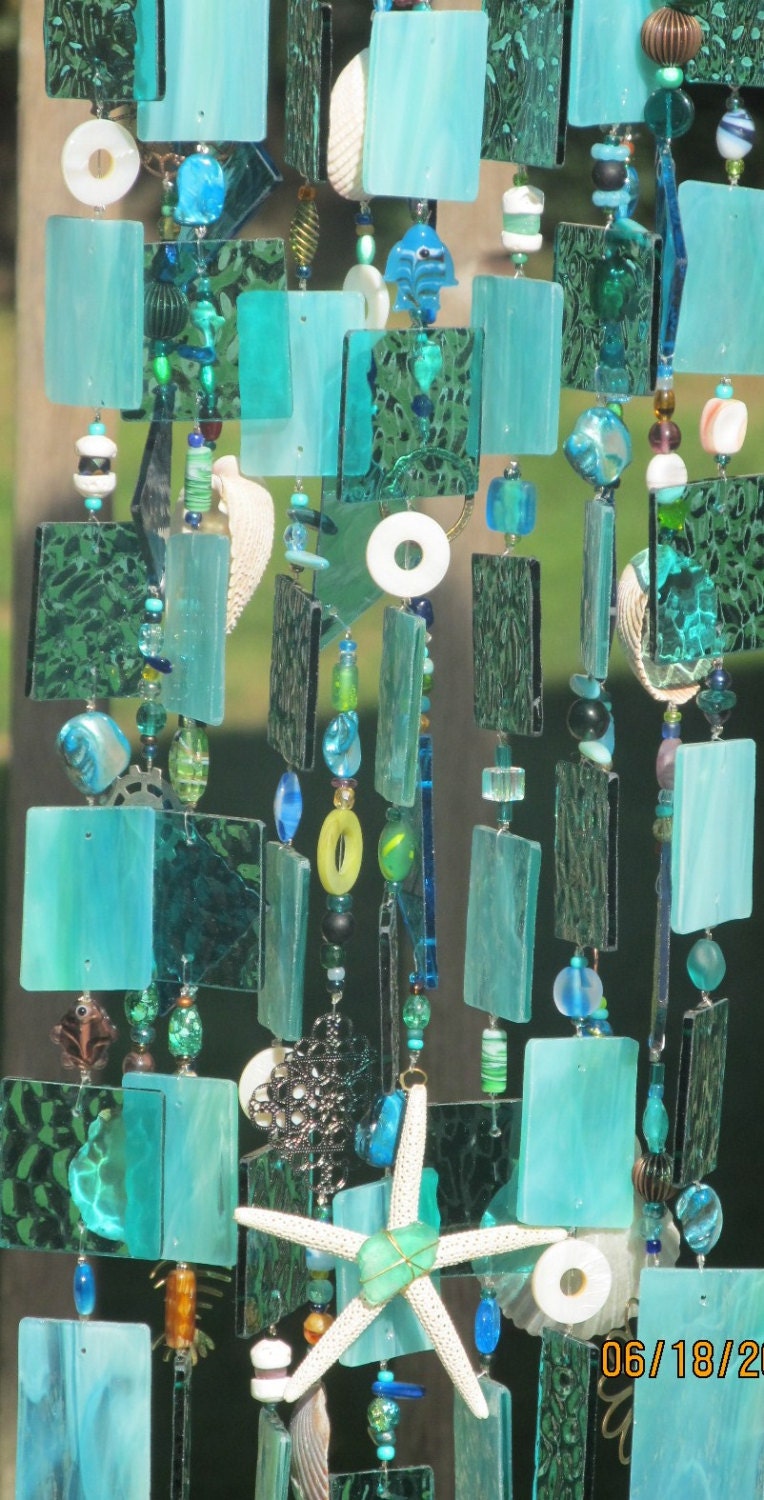 Beach Aqua Blue Green Stained Glass Art Wind Chime