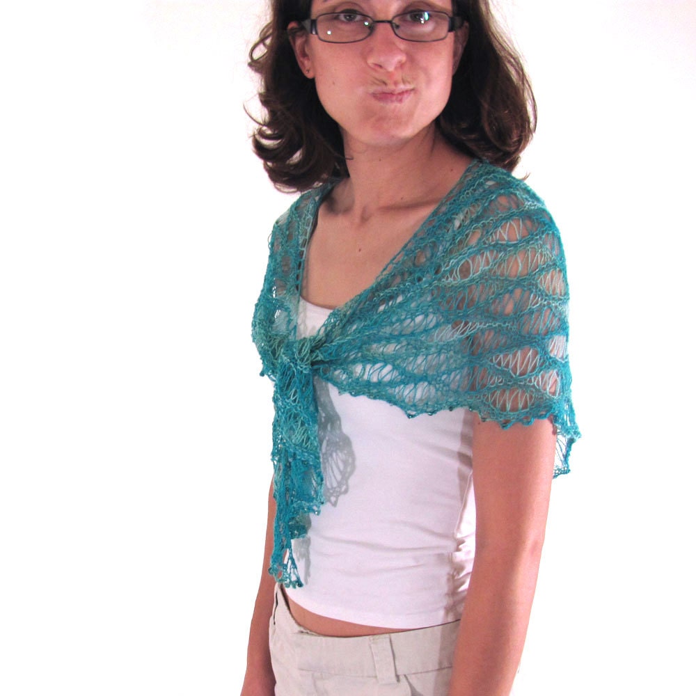 Ocean Waves and Sea Foam Hand Knit Lace Shawl with Beaded Edge