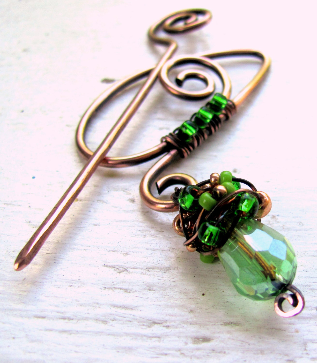Shawl Pin Scarf Pin Copper and Peridot Crystal Drop