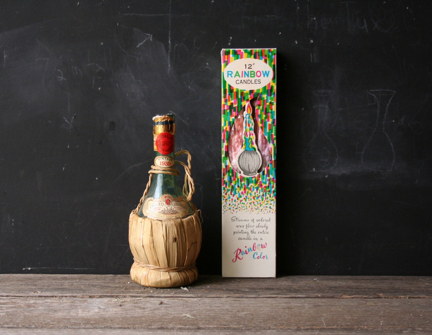 Vintage Bottle 59 and Rainbow Candles 60 Hippie Candleholder from Nowvintage on Etsy