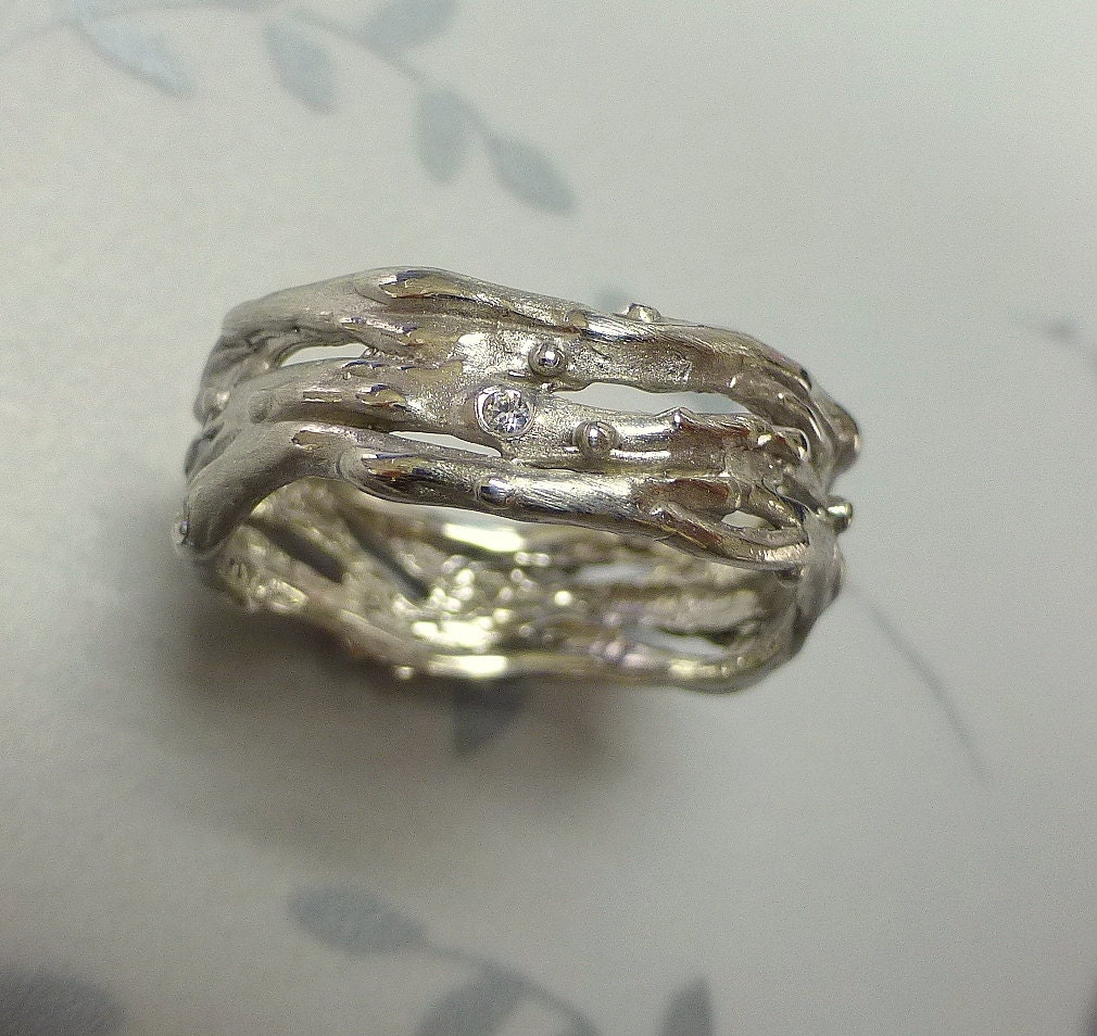 Organic wedding band or engagement ring. 14k gold with diamonds.