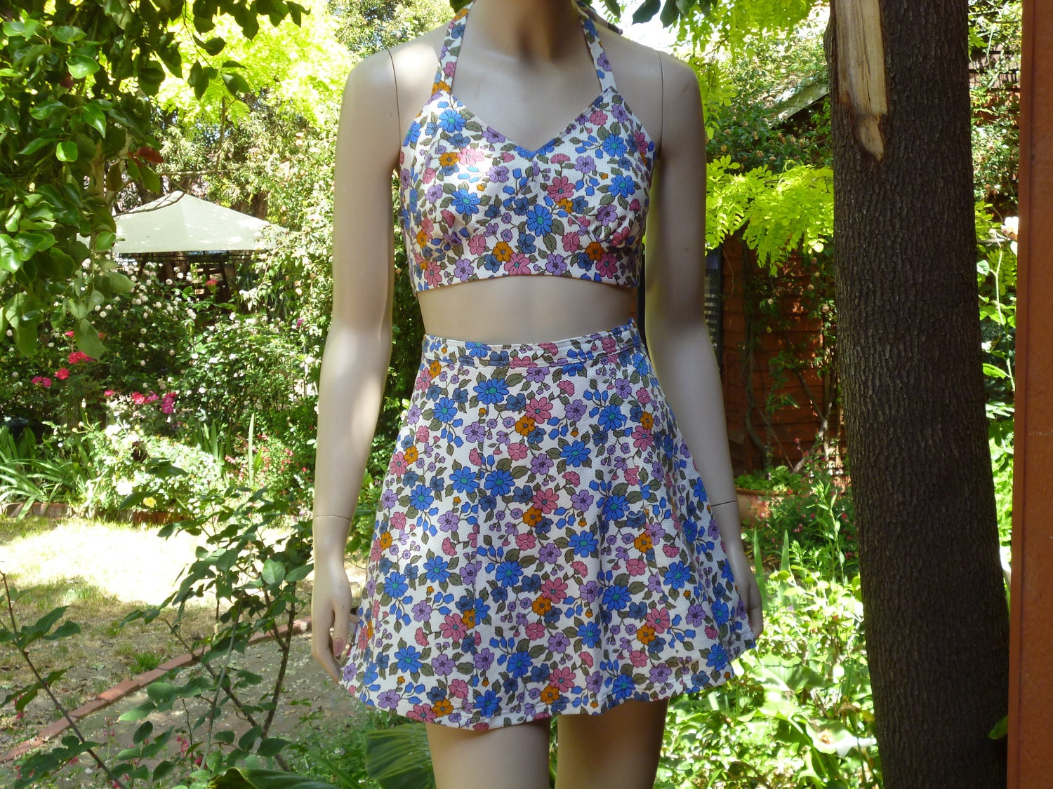 REDUCED PRICE .1940s SWIMSUIT - 2 Piece Halter Bikini Top with Skirt and attached bloomers.