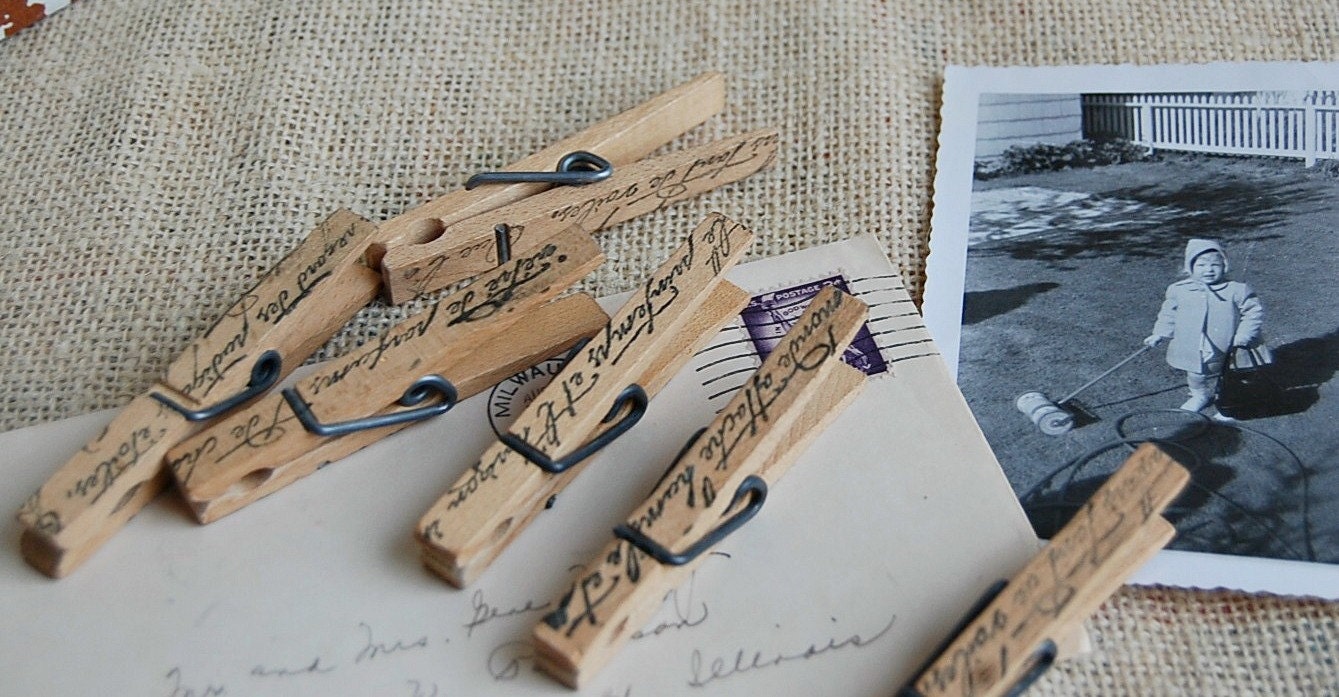 French Script Stamped Clothepins Set of 10 Hand Stamped
