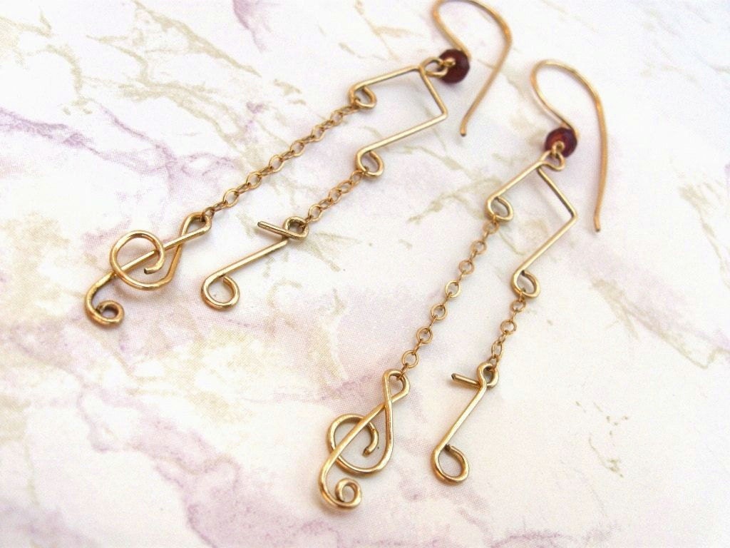 Music Note Earrings- Gold Filled, Hammered Wire, Gemstones