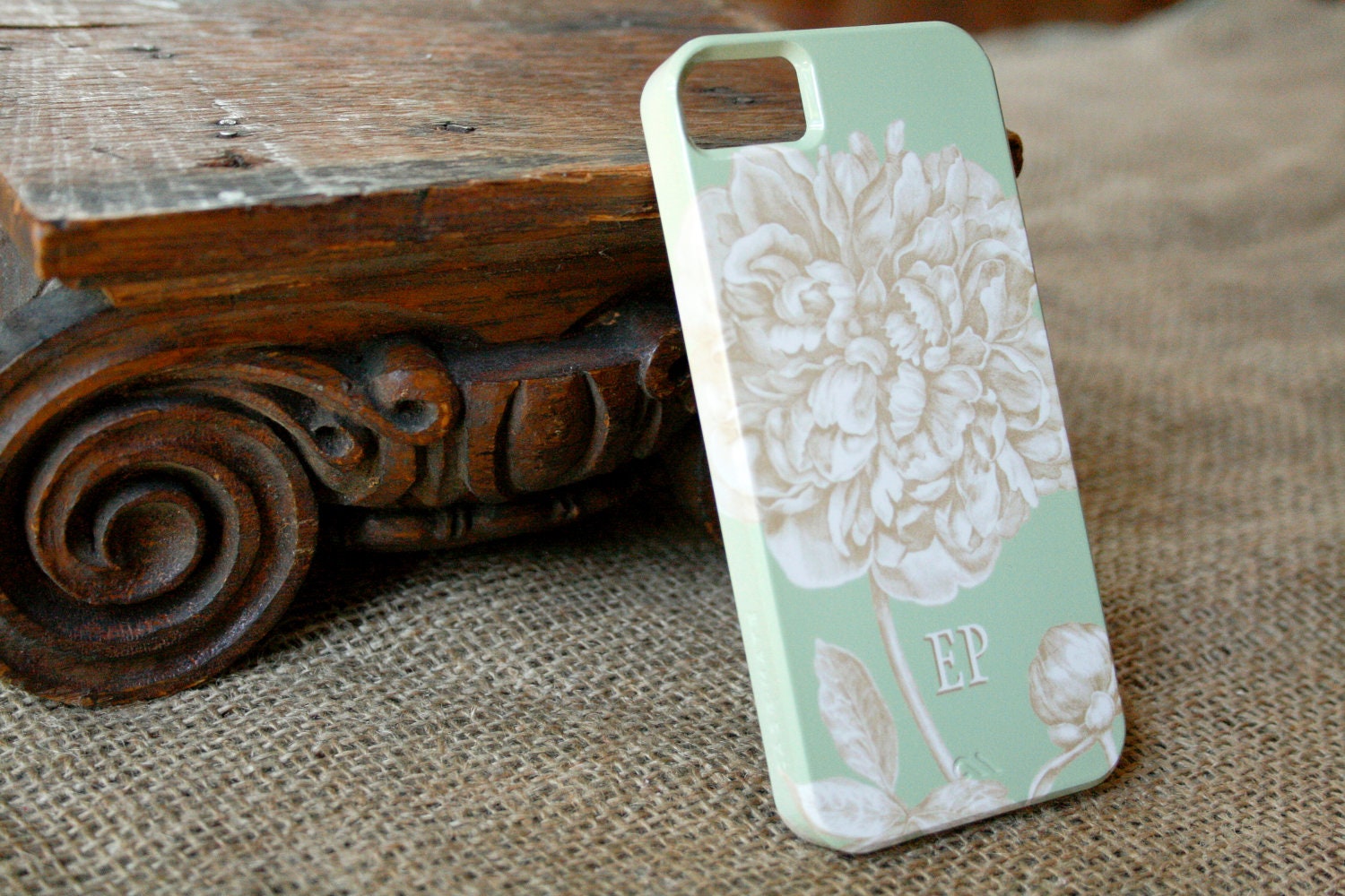 Monogrammed iPhone 5 Case, Peony Mint Green and Gold iPhone5