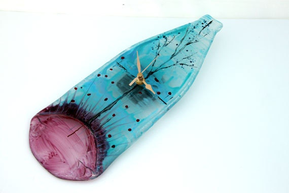 Fused glass landscape  Wall clock ,  Glass Melted recycled Wine Bottle