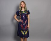 70s EMBROIDERED Mexican DRESS / Navy Floral Midi Dress, xs-s