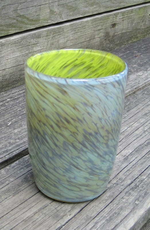 Hand blown glass tumbler light blue and chartreuse BCh -a