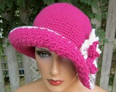 Cloche Flapper Chemo Hat- croched in 100% Merino wool - with co-ordinating double flower and vintage button