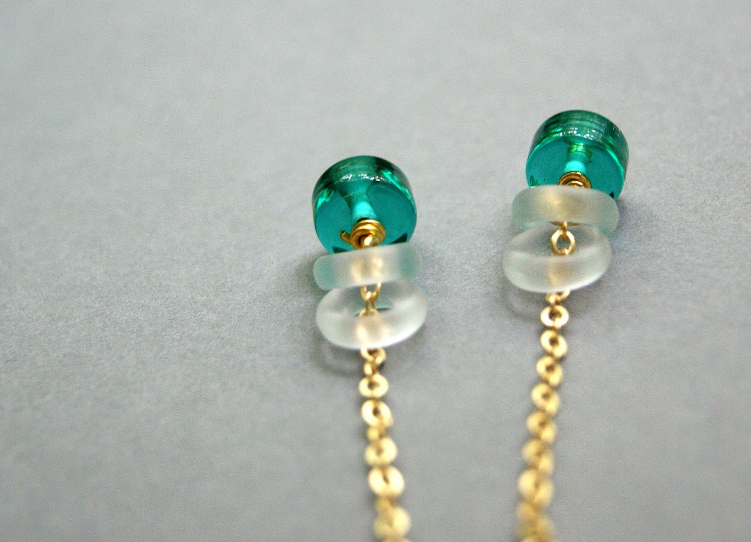 Long Teal Green Bead Earrings - Glass, Donut Bead, Gold
