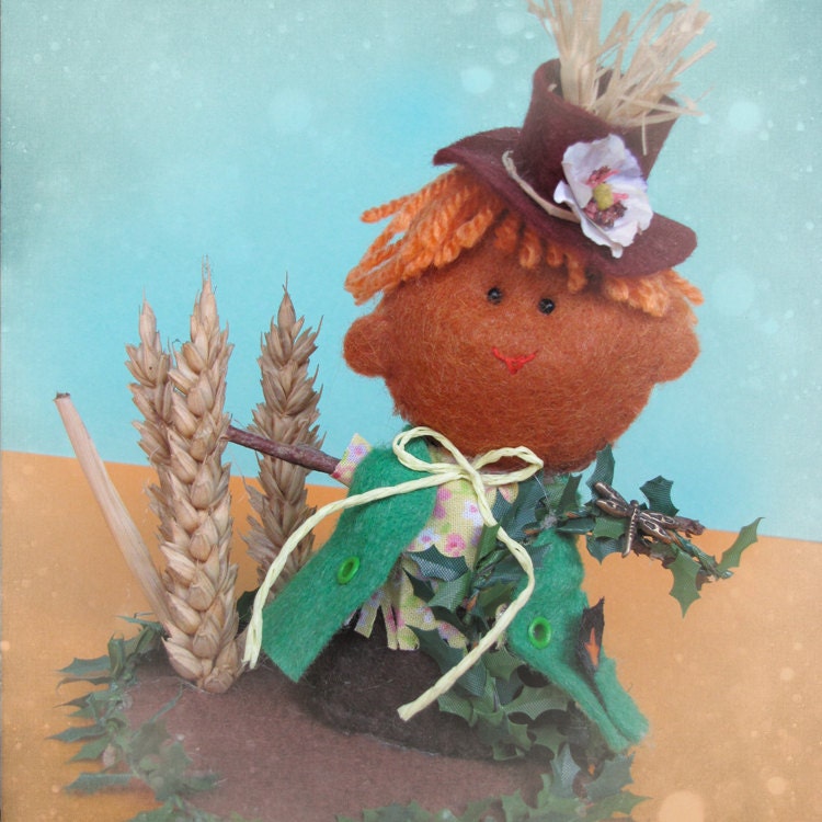 Johnny, the little Halloween Harvest Scarecrow Figurine - Cute felt Halloween ornament miniature - cute gift for decoration or cake topper