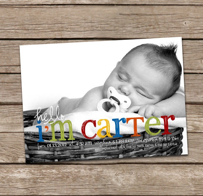 Birth Announcement : Hello Carter Baby Boy Custom Photo Birth Announcement