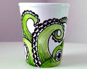 Ceramic Cup Green Octopus Painted Drinkware Nautical Sea Creature Kraken Ivory Black - MADE TO ORDER