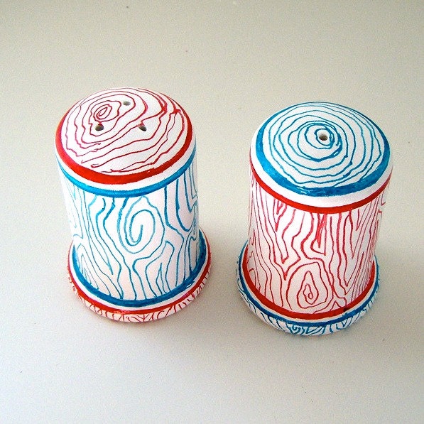Ceramic Salt and Pepper Shakers Woodgrain turquoise blue red faux bois hand painted tabletop decor - MADE TO ORDER