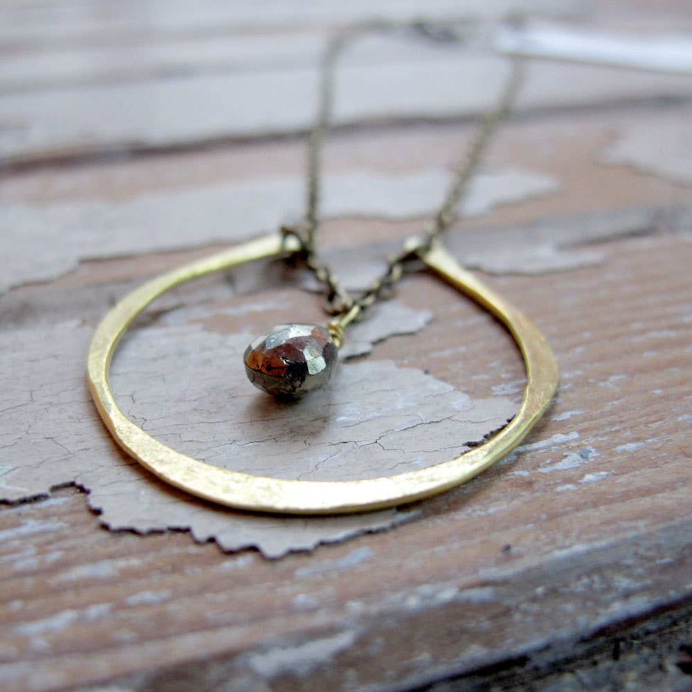 Fall's Chance - Brass Horseshoe Necklace - Golden Pyrite Necklace - Artisan Tangleweeds Jewelry
