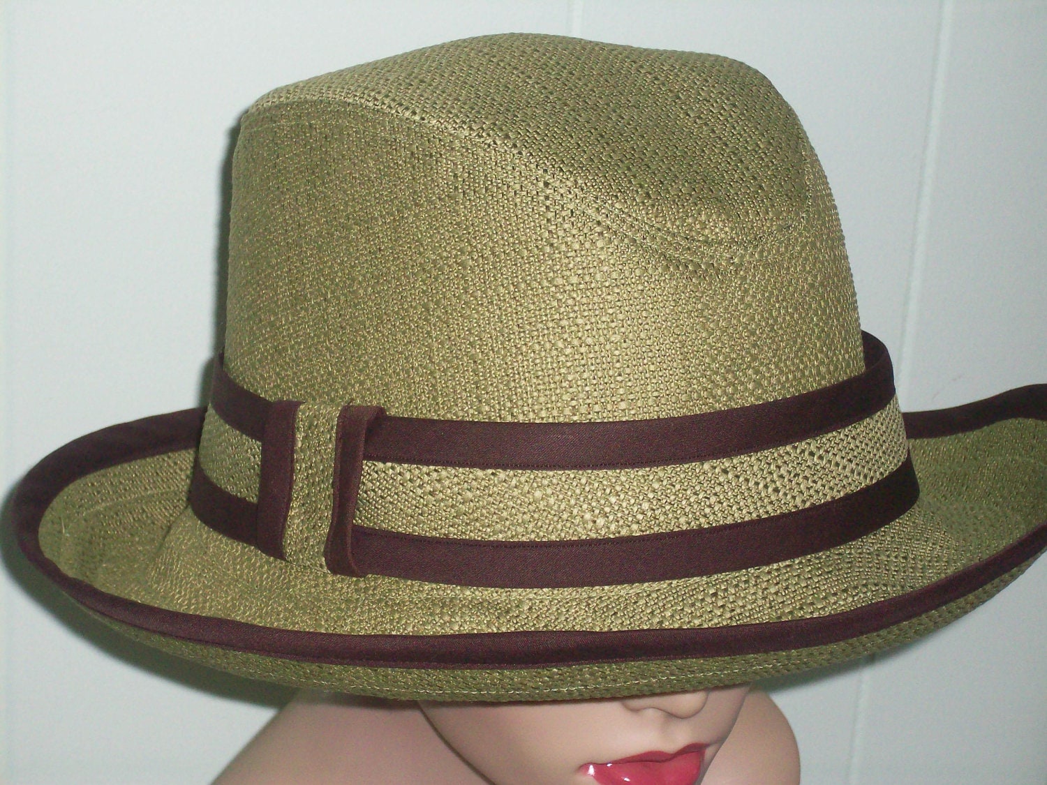 Wide Brim Fedora Sunhat in Green with Brown Trim