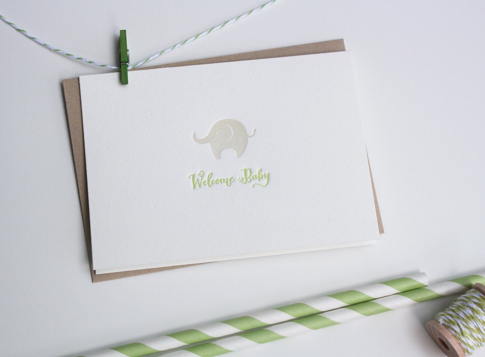Letterpress Greeting Card - Welcome Baby - Elephant Green