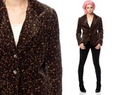 VELVET Blazer Jacket 80s Brown Calico Print 70s Boho Hippie Professor Coat Vintage Hipster Collared Button Up Pocket Velveteen Small Medium