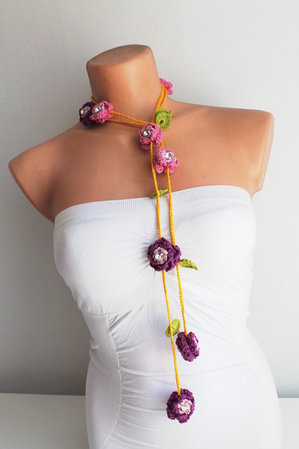 Lariat Necklace Flower Necklace Purple and Pink Hand Crochet Flowers Lariat Scarf Necklace