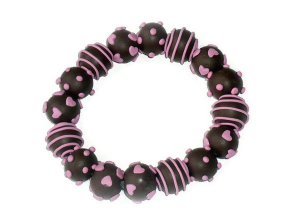 SALE 30% Off Chocolate Candy Bracelet - Hearts Spots Stripes, Brown Candy Pink - Polymer Clay  Bespoke Design