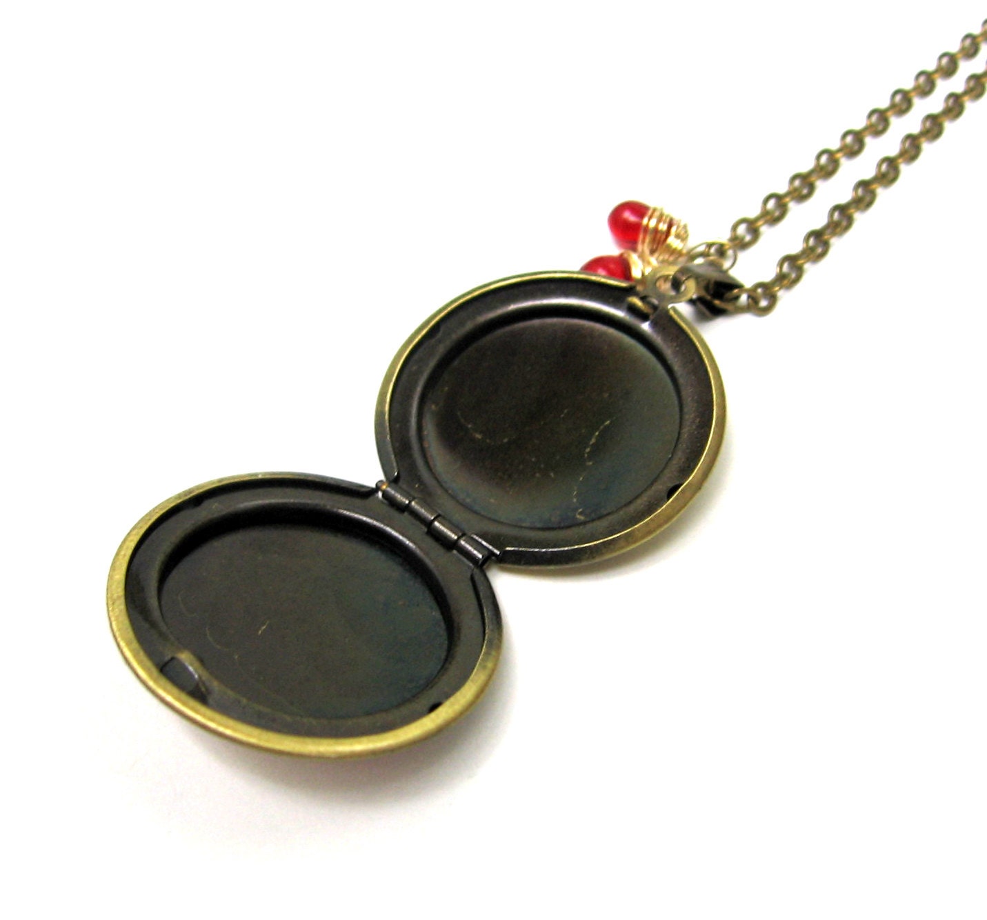 Poppy Flower Handpainted Brass Locket with Czech Glass Drops 14K Gold Wire