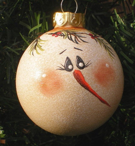 Hand Painted Snowman Upcycled Glass Ball Ornament
