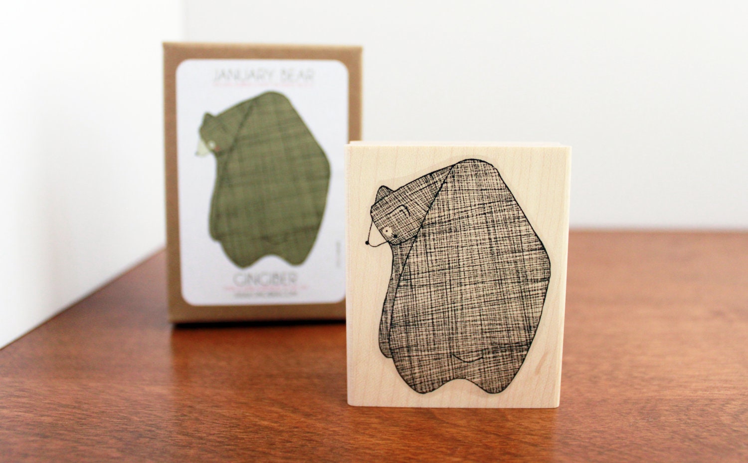 SALE - Large Rubber Stamp - January Bear Wood Mounted Stamp
