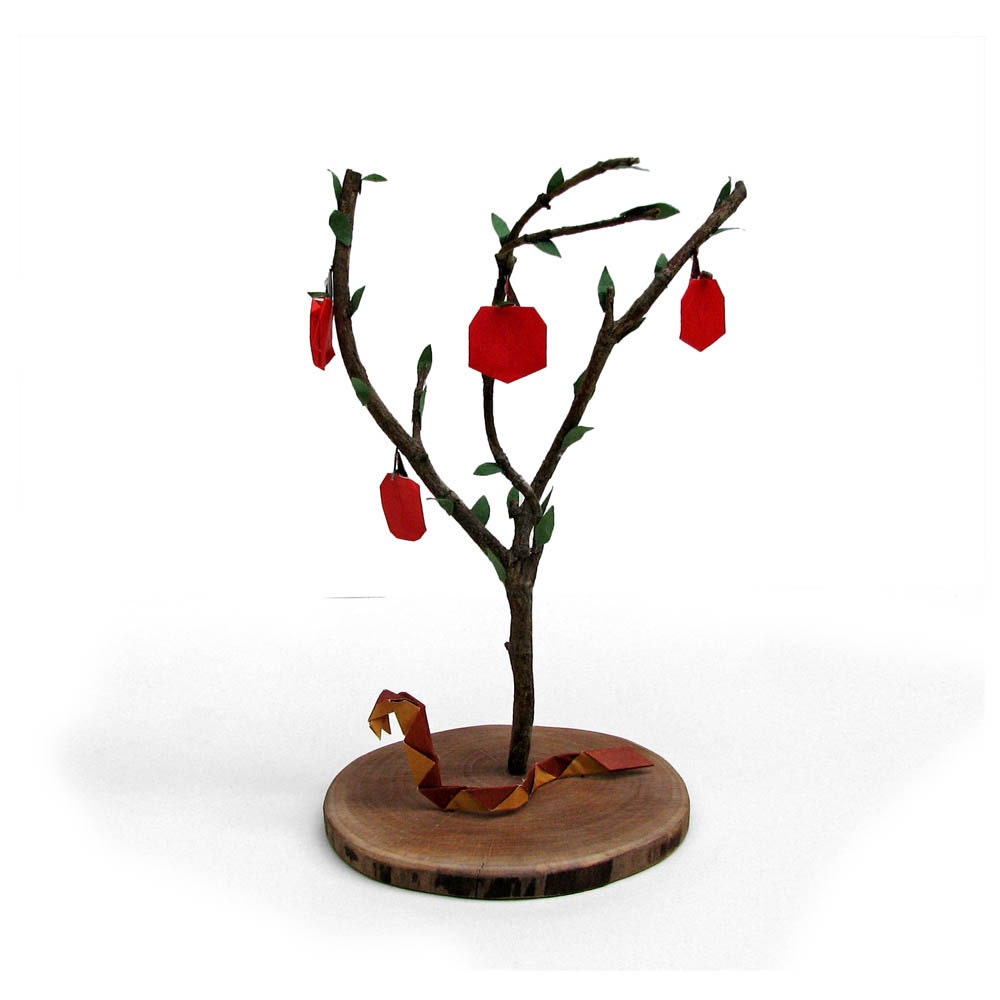 Trouble in the Garden - Origami Snake and Apple Tree sculpture by Paper Disciple