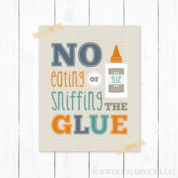Back to School Poster: No Glue Sniffing - Teacher Appreciation, School, Plaid, Humorous, Funny Quote - Navy Blue, Orange, Turquoise 11 x 14