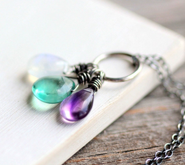 Rainbow Moonstone, Purple Moss Amethyst and Blue Paraiba Fluorite Necklace on Sterling Silver - San Tropez - Summer Fashion