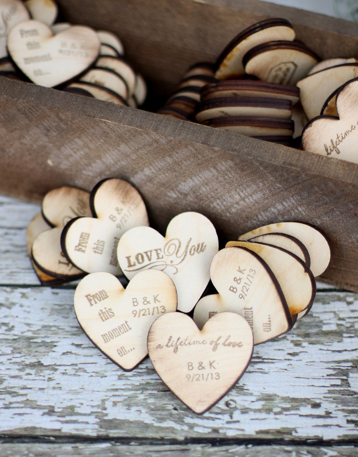 Personalized Wedding Favors Wood Heart Magnets Inside Rustic Box