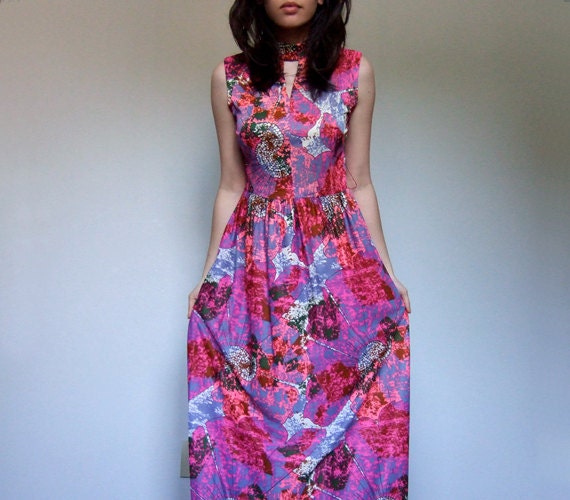Boho Maxi Dress 70s Hippie Print Long Floor Length Dress Pink Vintage Summer Dress - Small S