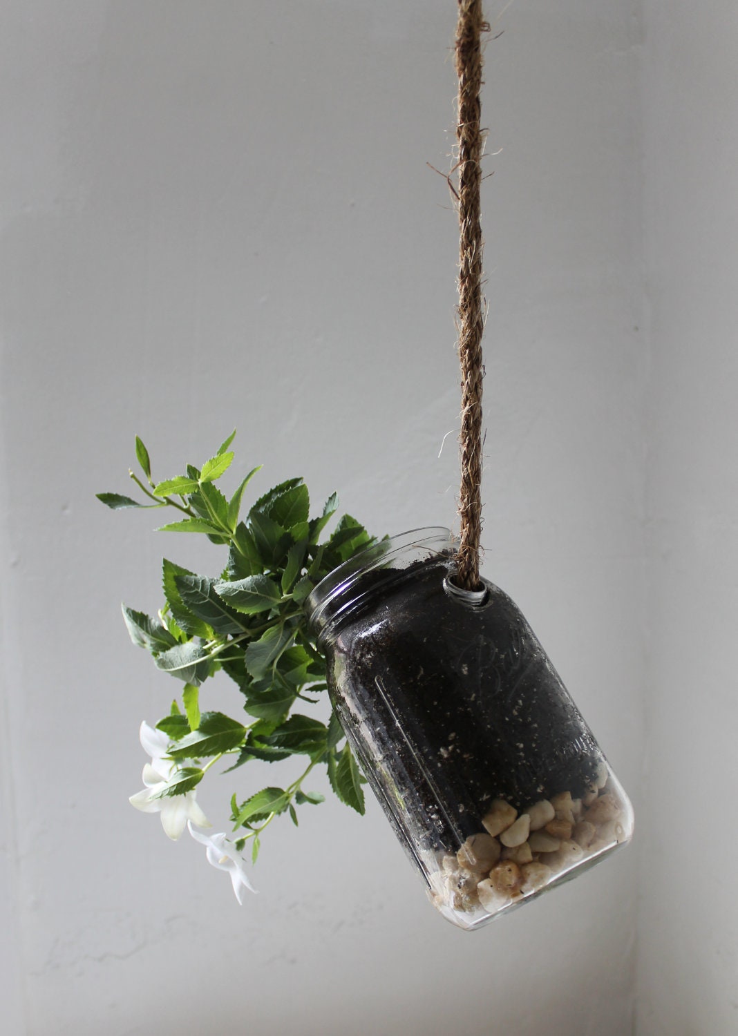 Hanging Mason Jar Planter with drainage - Upcycled home & garden decor - Quart Sized Ball Jar herb and flower planter - BootsNGus design