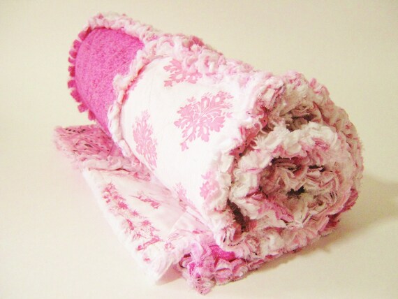 Rag Quilt-  Pink and White Baby Girl Stroller Blanket- Cuddly and Soft Car Seat Blanket- Shabby Chic  Quilt