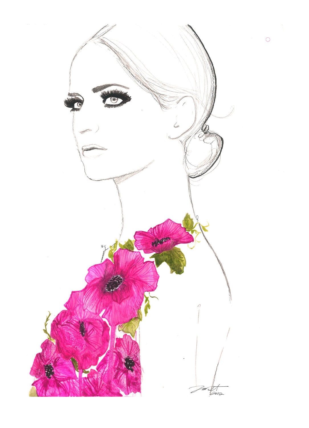Print from original watercolor and pen fashion illustration by Jessica Durrant titled Always the Flower Child