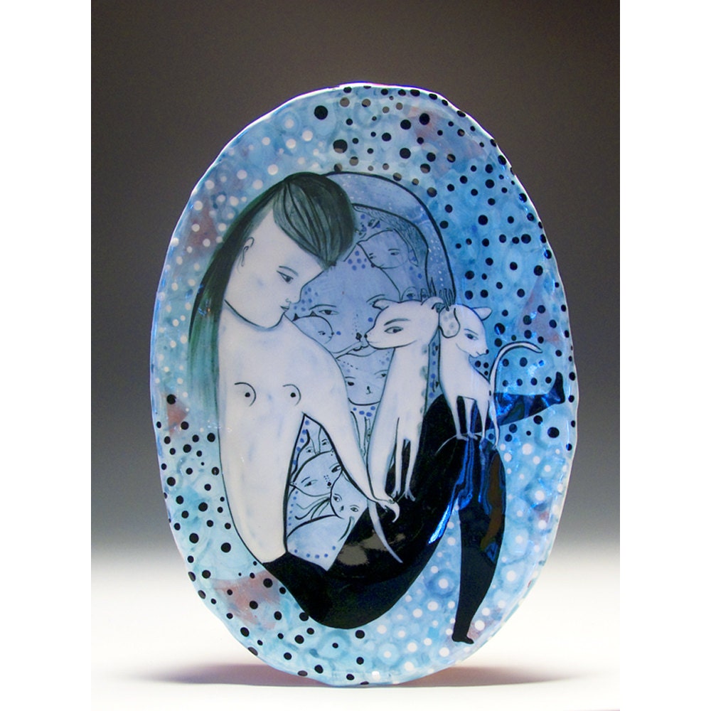 Nappy Cat in a Lap - Oval Ceramic Hand Build Serving Plate