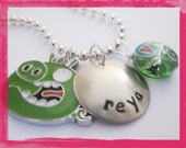 Hand Stamped Charm Necklace  - Personalized Jewelry - Green Pig - Piggy Necklace