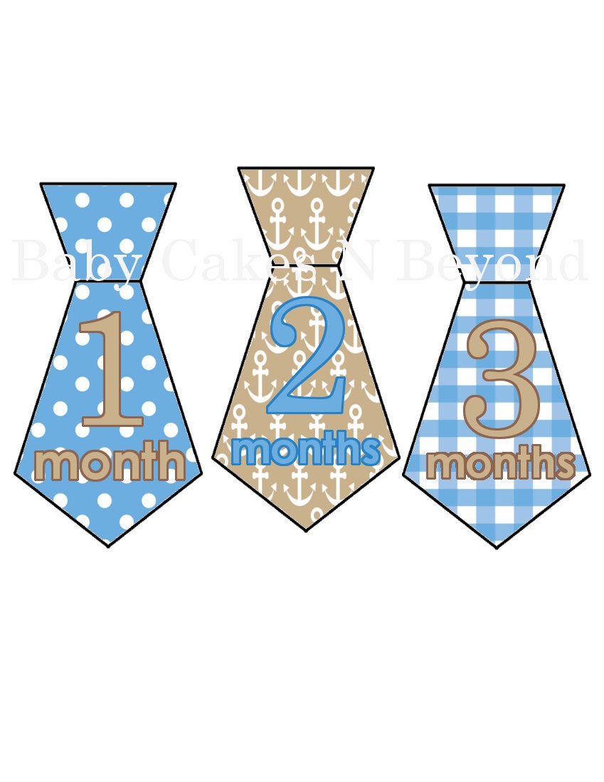Monthly Onesie Stickers...Set of 12 Boys...Blue and Brown Ties...Ready to Ship...Waterproof....Months 1-12...Uncut Read Description
