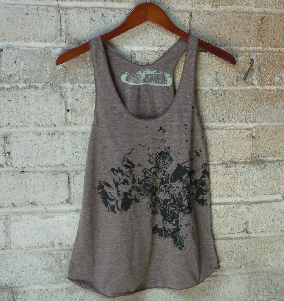 Cocoa and Black Flowers and Birds Tri-Blend Racerback Tank Top