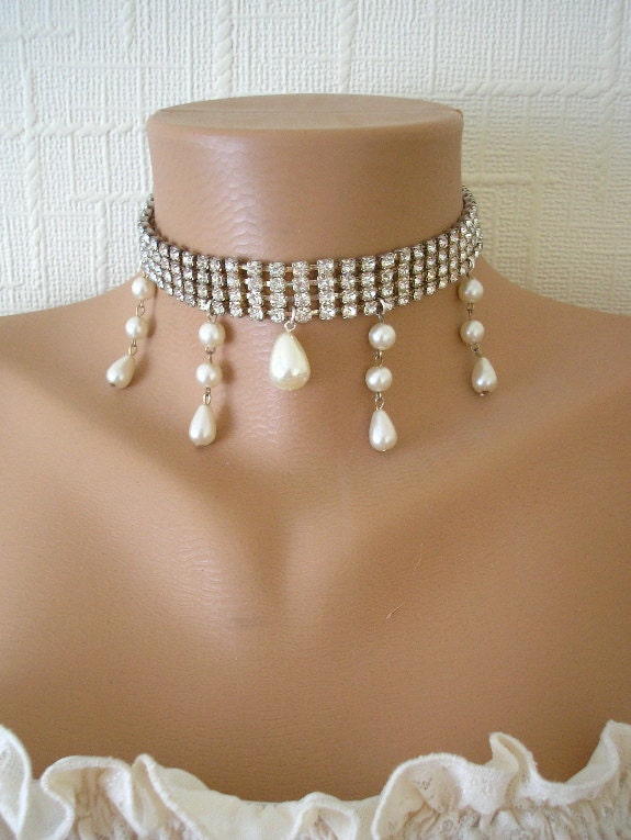 Bridal Necklace, Wedding Jewelry Set, Pearl Necklace, Backdrop, Rhinestone Choker, Handmade, Bridal Set, Necklace And Earrings