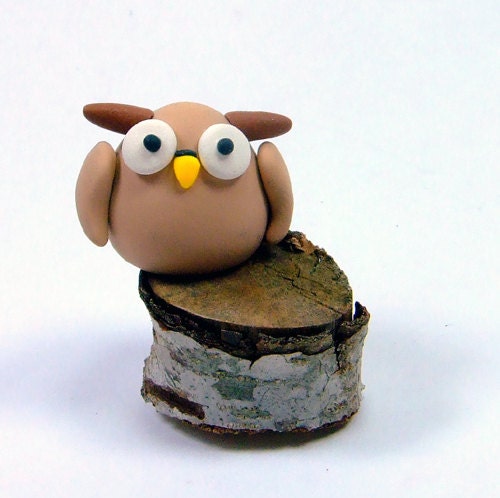 Owl on a Tree Stump Polymer Clay Figurine Miniature Ready to Ship OOAK