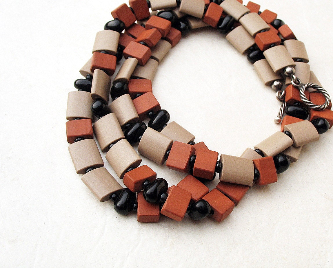 Beaded Long Earth Tones Necklace Rust Taupe Black Rustic Terracotta Ceramic Cushion Beads Sterling Silver