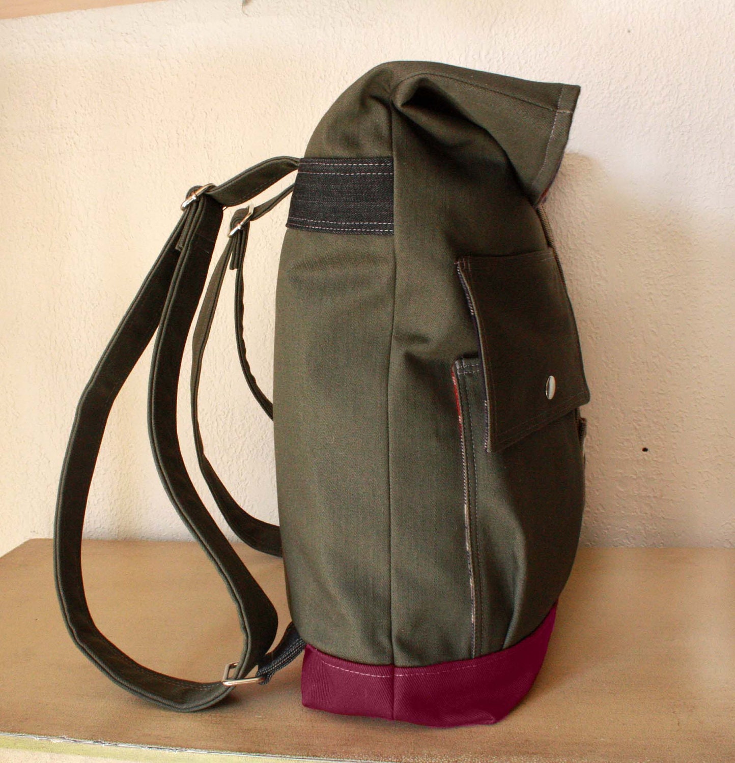 Reserved for tamismolin-----Women Foldover Canvas Backpack Handmade / Military look/ -- Made to Order--Save 10% off w/ Coupon SAVE10